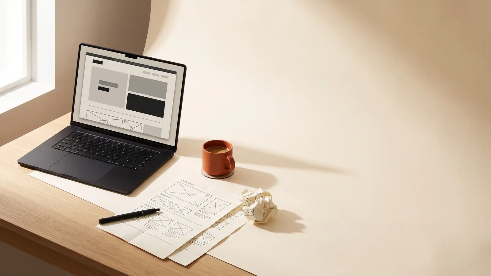 Poste de conception web : ordinateur portable et maquettes papier