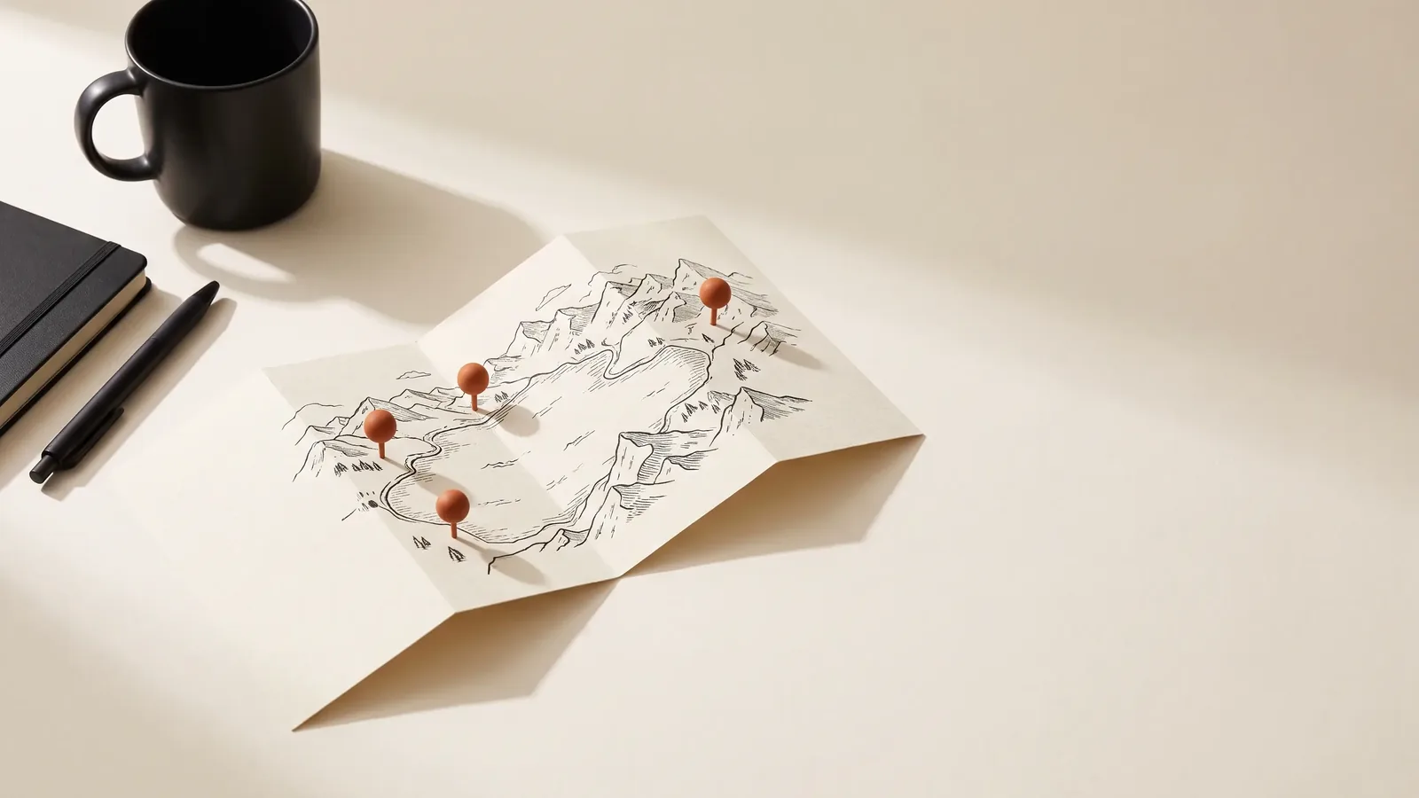 Carte papier dessinée à l'encre d'un lac entre les montagnes, trois punaises plantées : Lyon, Annecy et le Pays de Gex