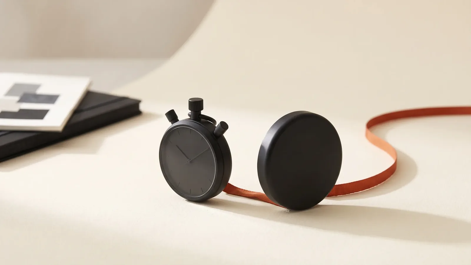 Chronomètre noir posé sur papier crème, un ruban orange qui file comme une trace de vitesse