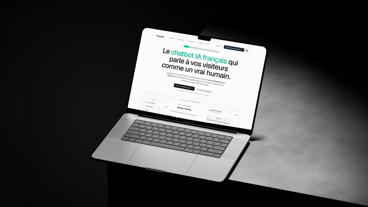 Site du chatbot IA français Causerie sur un MacBook, exemple de site structuré pour le référencement IA par Codecircle