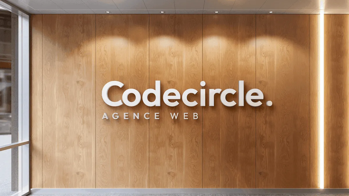 Signalétique Codecircle, agence web, sur un mur en bois