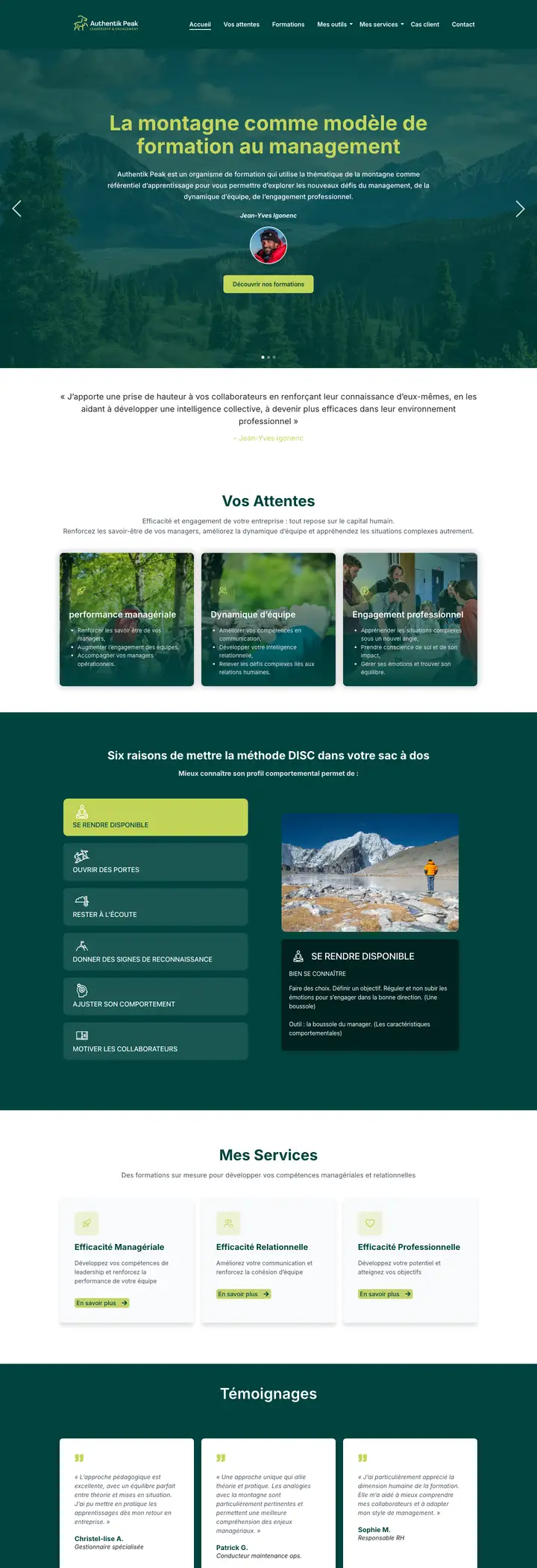 Page d'accueil du site d'Authentik Peak, organisme de formation au management, réalisé par Codecircle
