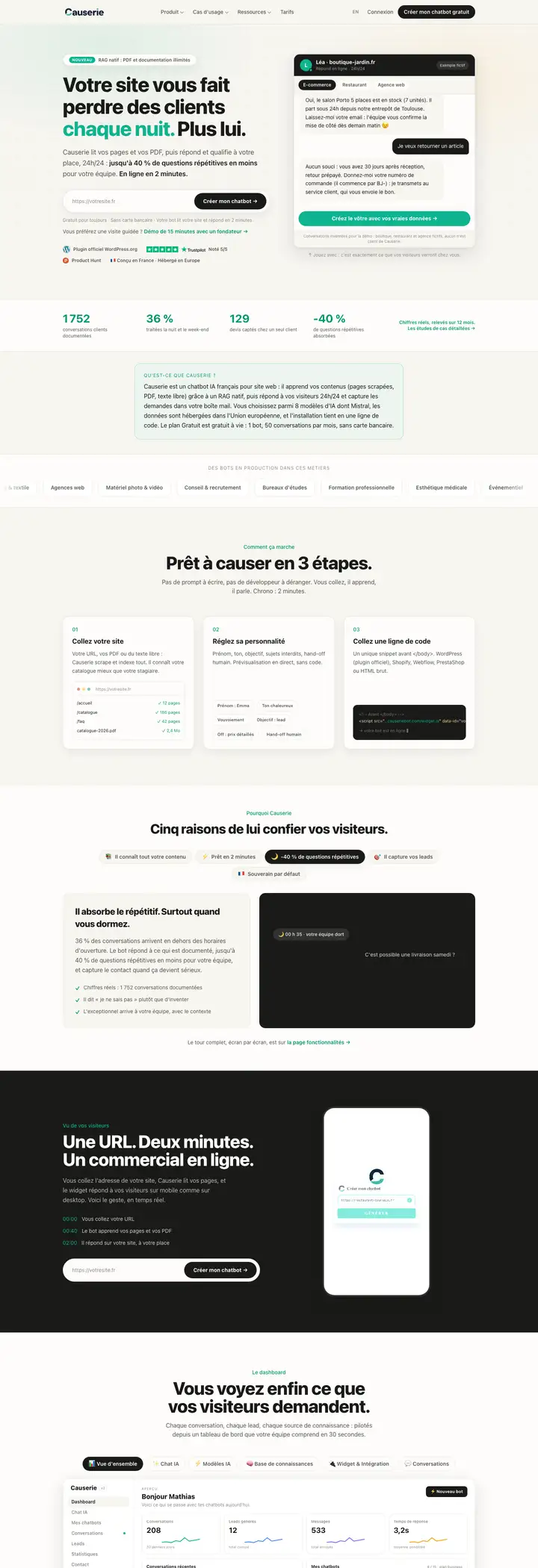 Page d'accueil du site de Causerie, chatbot IA français, réalisé par Codecircle