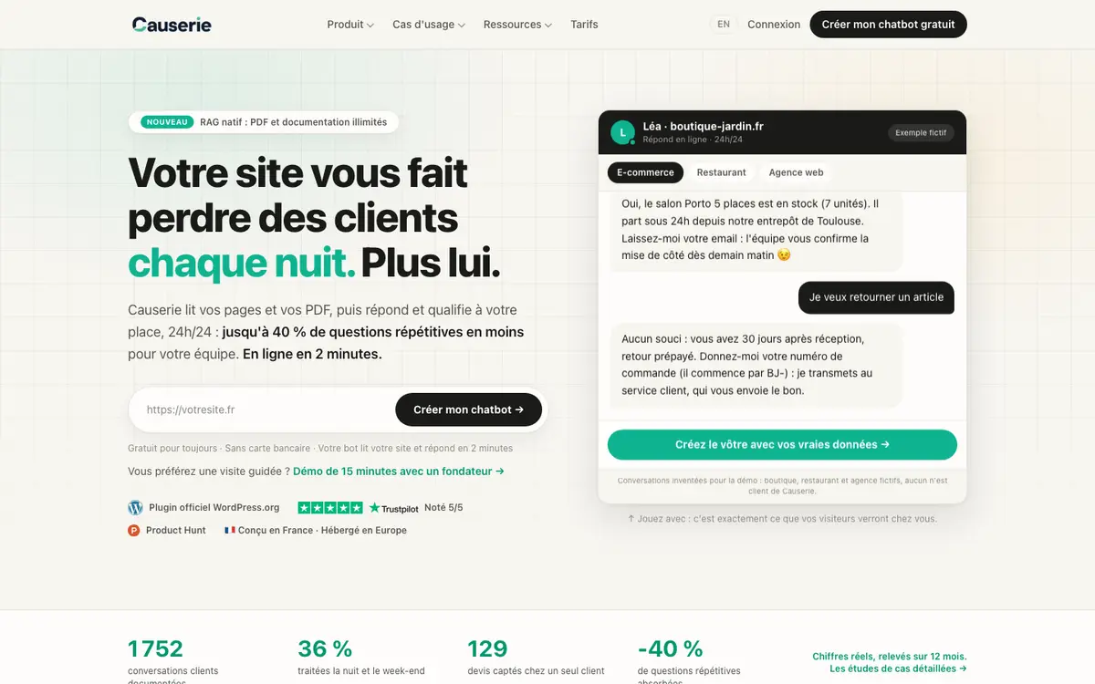 Page d'accueil du site de Causerie, chatbot IA français, réalisé par Codecircle