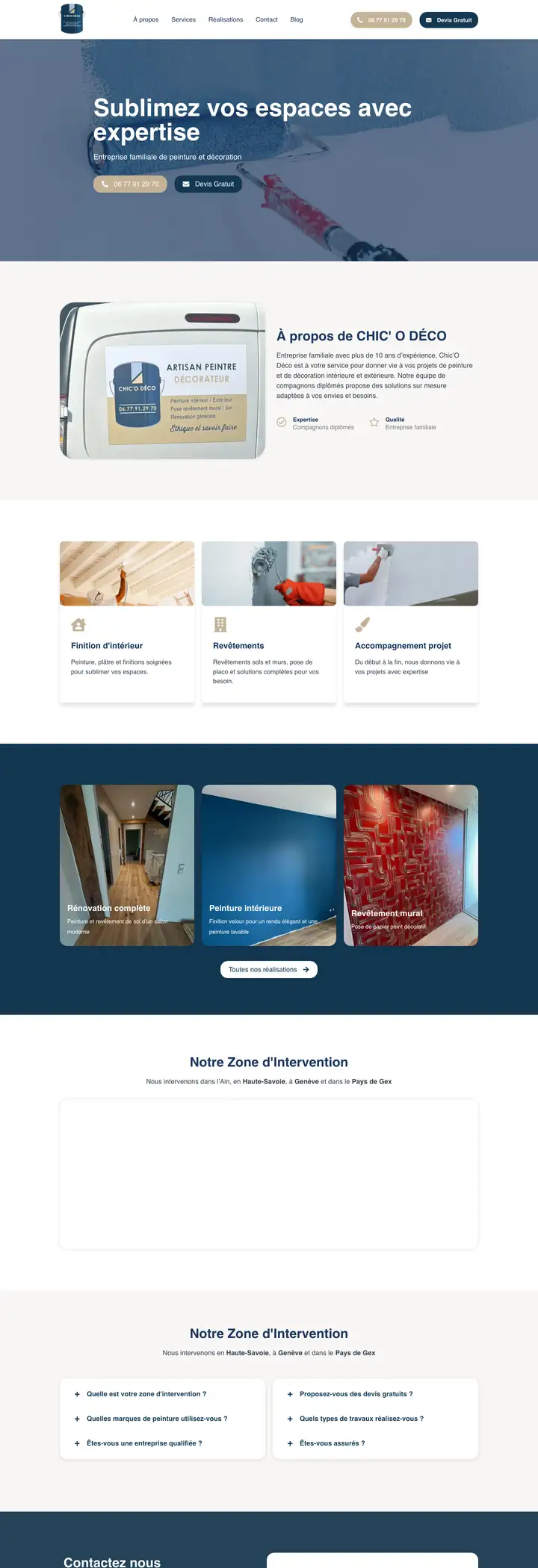 Page d'accueil du site de Chic'O Déco, peintre décorateur à Valserhône, réalisé par Codecircle