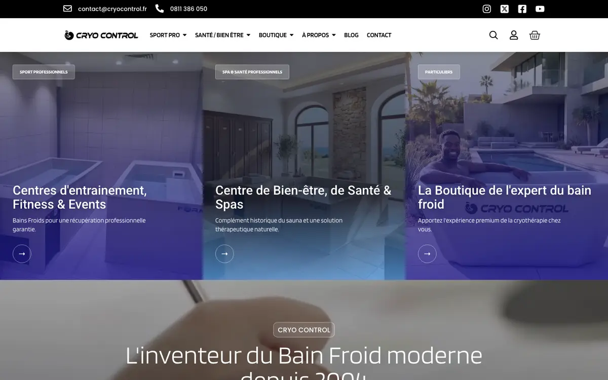 Page d'accueil du site de Cryo Control, fabricant de bains froids professionnels, réalisé par Codecircle
