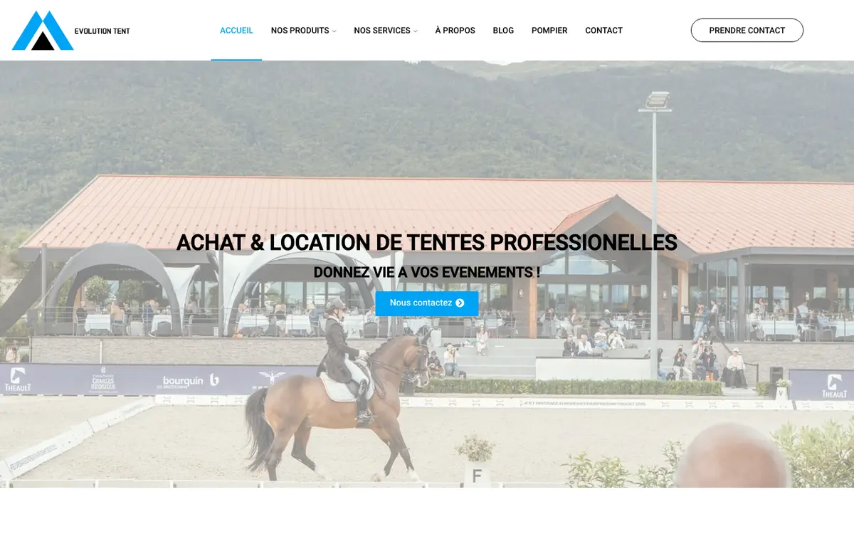 Page d'accueil du site d'Evolution Tent, tentes et matériel événementiel, réalisé par Codecircle