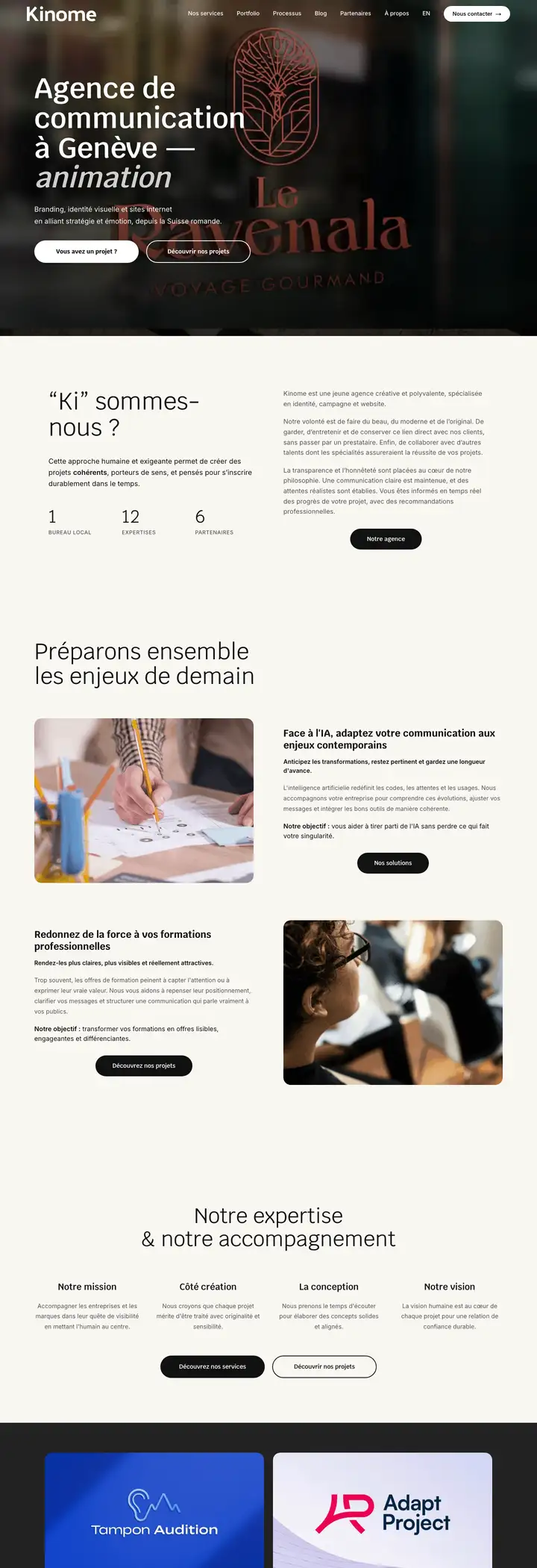 Page d'accueil du site de l'agence Kinome, communication et branding à Genève