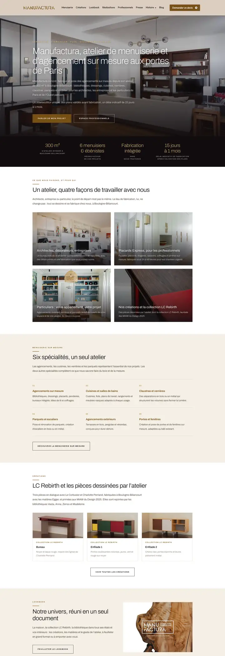 Page d'accueil du site de La Menuiserie Parisienne, agencement sur mesure, réalisé par Codecircle