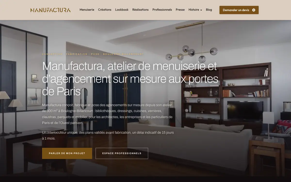 Page d'accueil du site de La Menuiserie Parisienne, agencement sur mesure, réalisé par Codecircle
