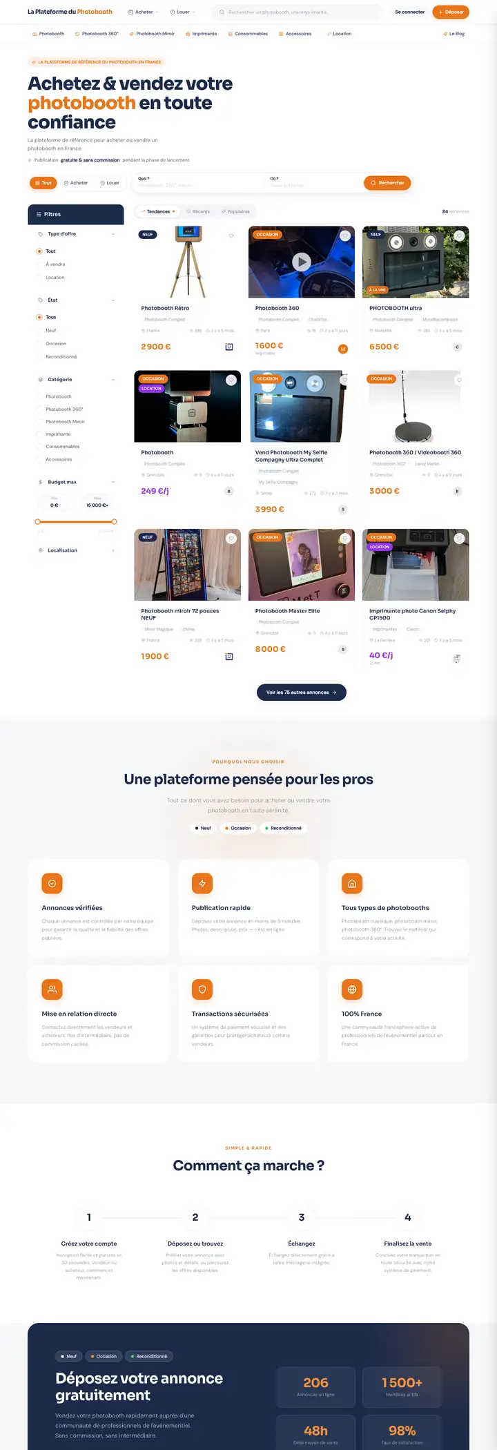Page d'accueil de La Plateforme du Photobooth, marketplace de matériel photobooth, réalisée par Codecircle