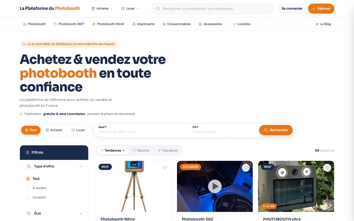 Page d'accueil de La Plateforme du Photobooth, marketplace de matériel photobooth, réalisée par Codecircle