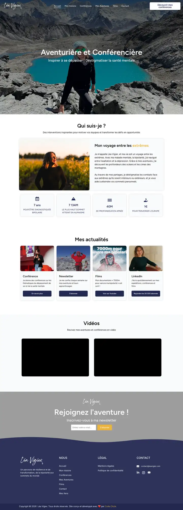 Page d'accueil du site de Léa Vigier, aventurière et conférencière, réalisé par Codecircle