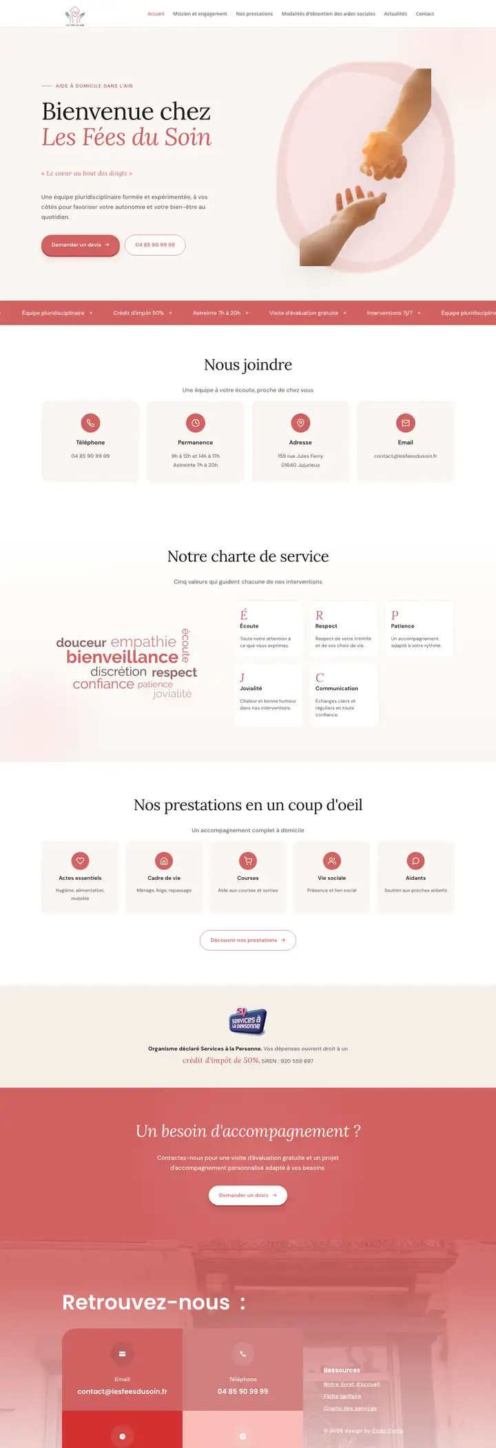 Page d'accueil du site des Fées du Soin, aide à domicile dans l'Ain, réalisé par Codecircle