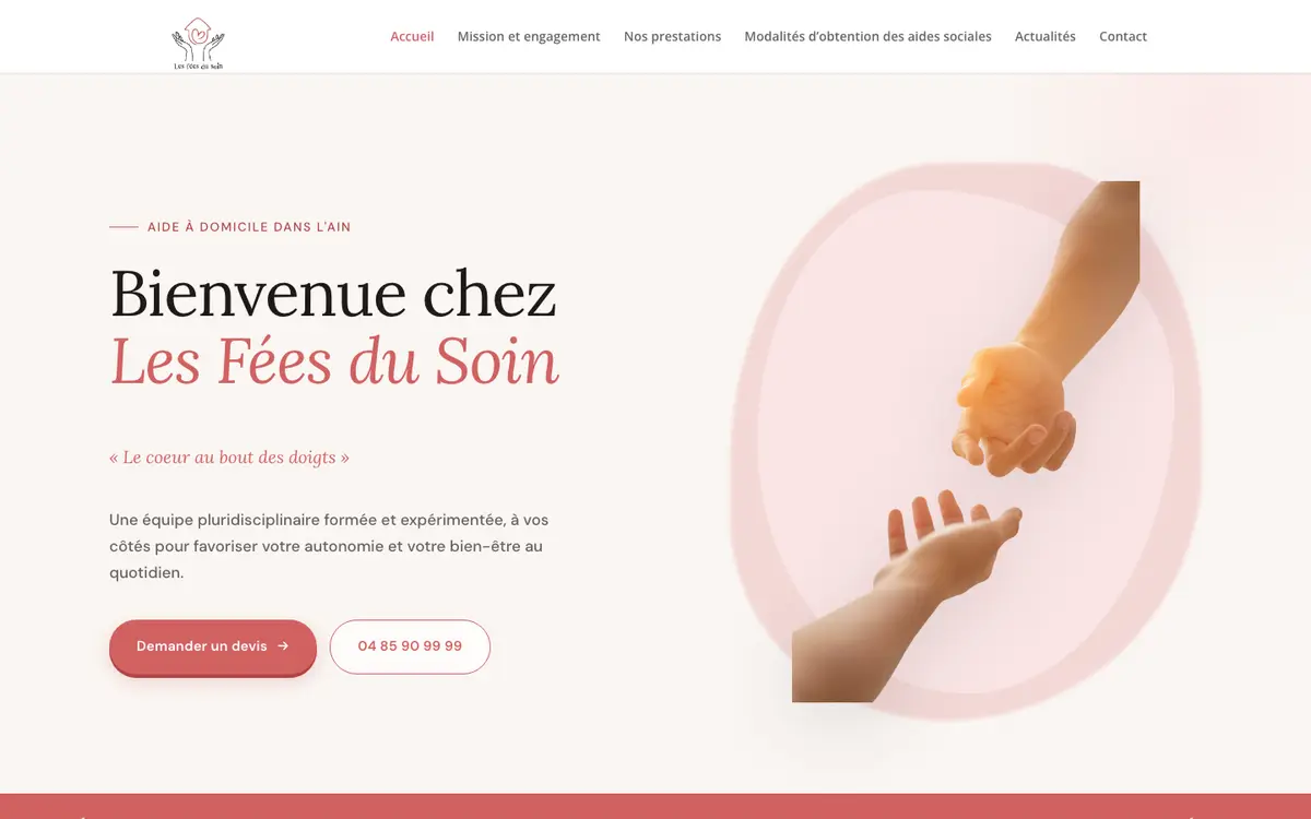 Page d'accueil du site des Fées du Soin, aide à domicile dans l'Ain, réalisé par Codecircle