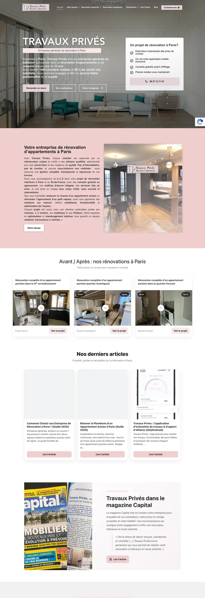 Page d'accueil du site de Travaux Privés, entreprise de rénovation à Paris, réalisé par Codecircle