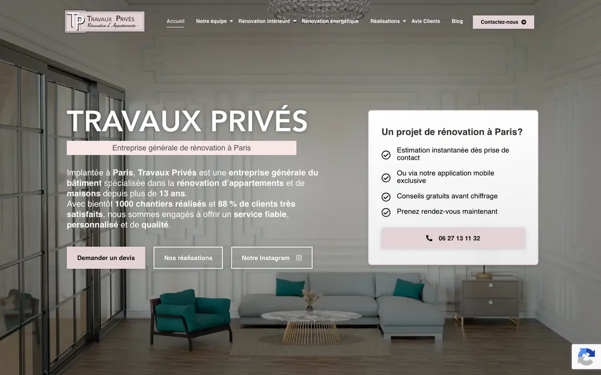Page d'accueil du site de Travaux Privés, entreprise de rénovation à Paris, réalisé par Codecircle
