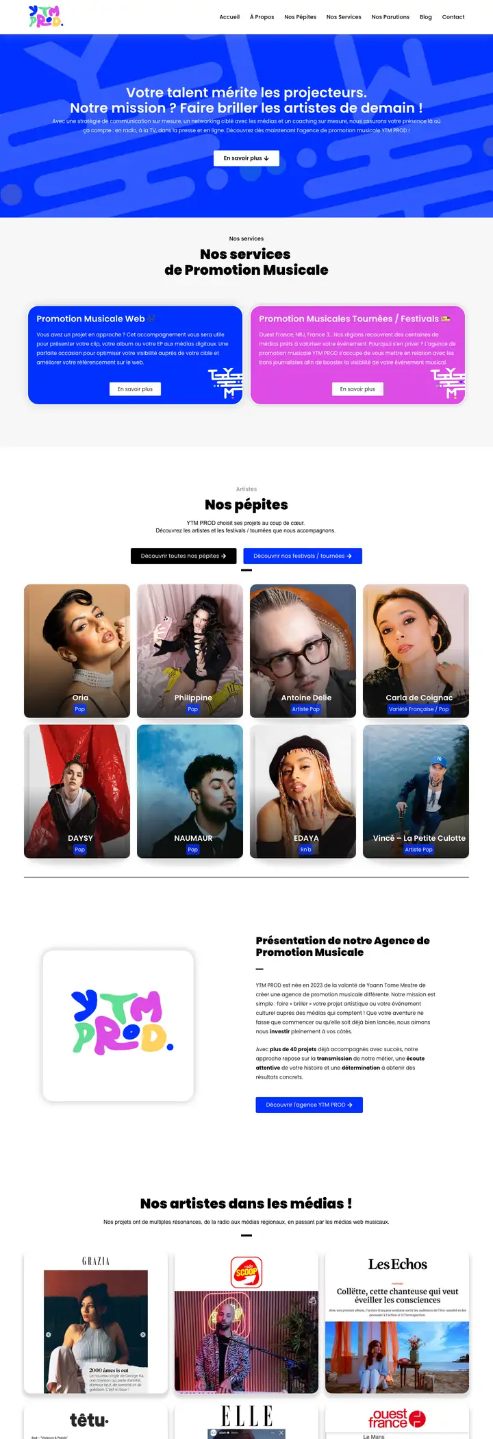 Page d'accueil du site d'YTM PROD, agence de promotion musicale, réalisé par Codecircle