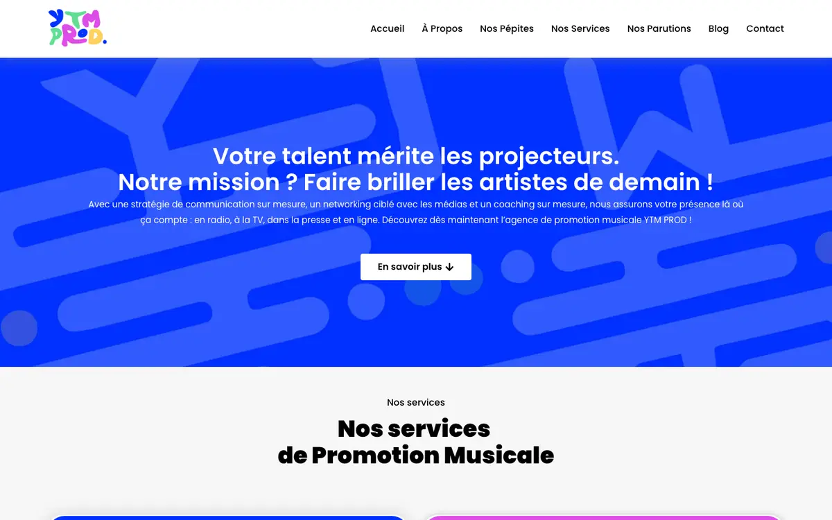 Page d'accueil du site d'YTM PROD, agence de promotion musicale, réalisé par Codecircle
