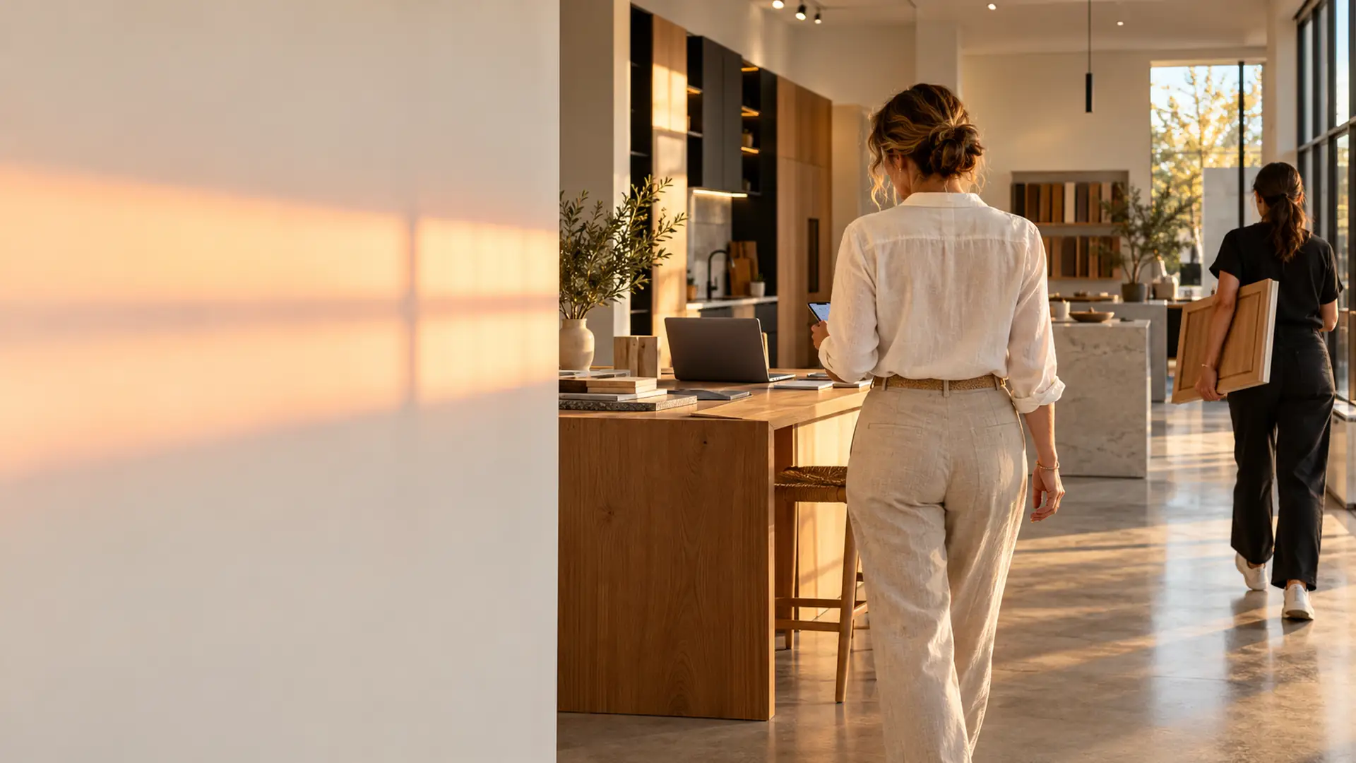 Dans le showroom d'un fabricant de cuisines, une dirigeante vue de dos marche vers son bureau en consultant son téléphone