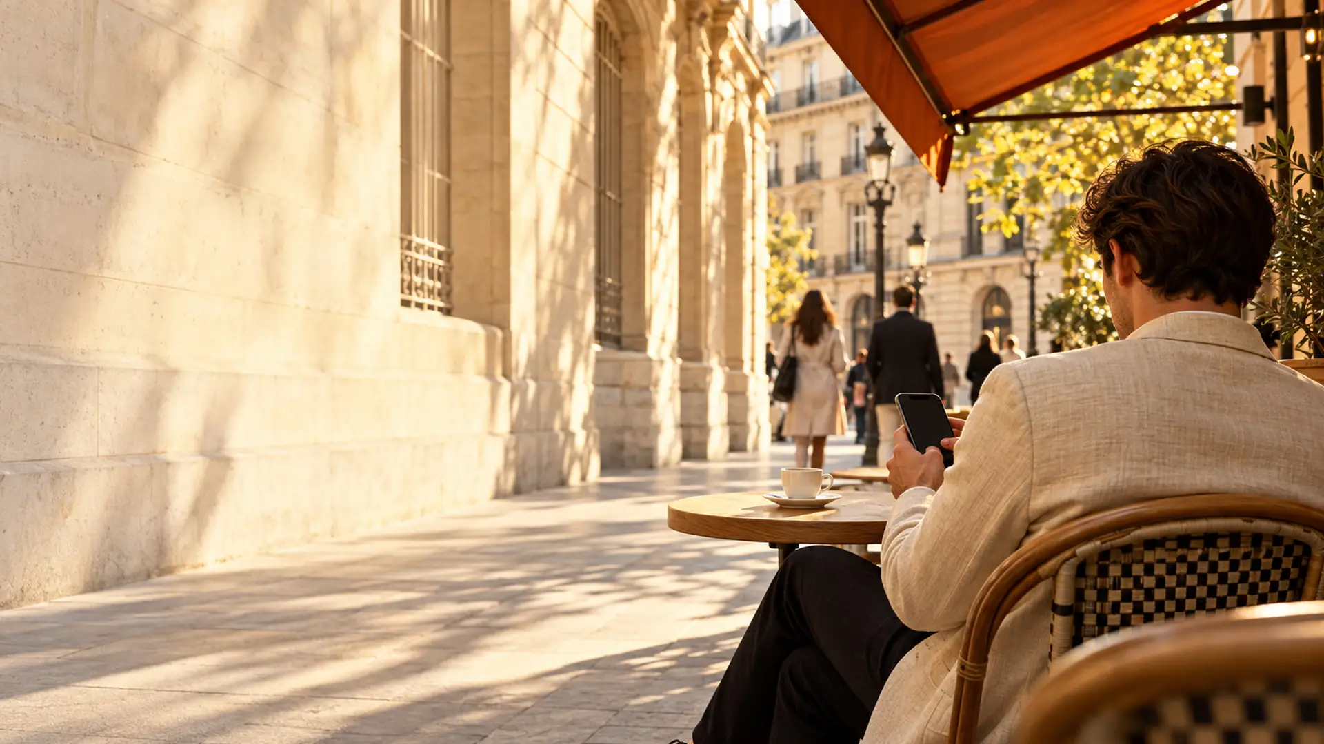 Sur une terrasse de café, un homme vu de dos tape une question sur son téléphone pendant que des passants marchent dans la rue