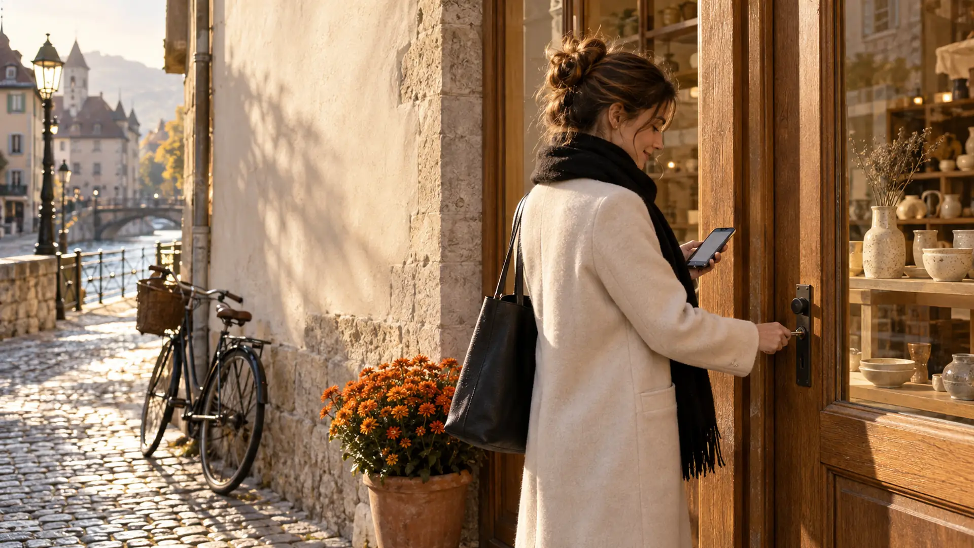 Au petit matin, une créatrice ouvre sa boutique de céramique à Annecy en consultant sur son téléphone les demandes reçues pendant la nuit