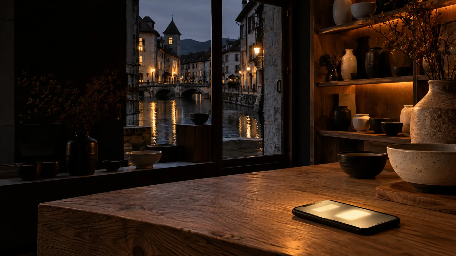 La nuit, dans une boutique de céramique fermée du vieil Annecy, un téléphone s'allume sur le comptoir : une nouvelle demande