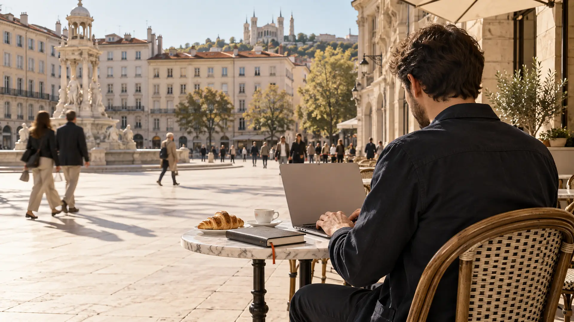 Le lendemain matin, en terrasse d'un café lyonnais, un prospect tape le nom d'une agence sur son ordinateur