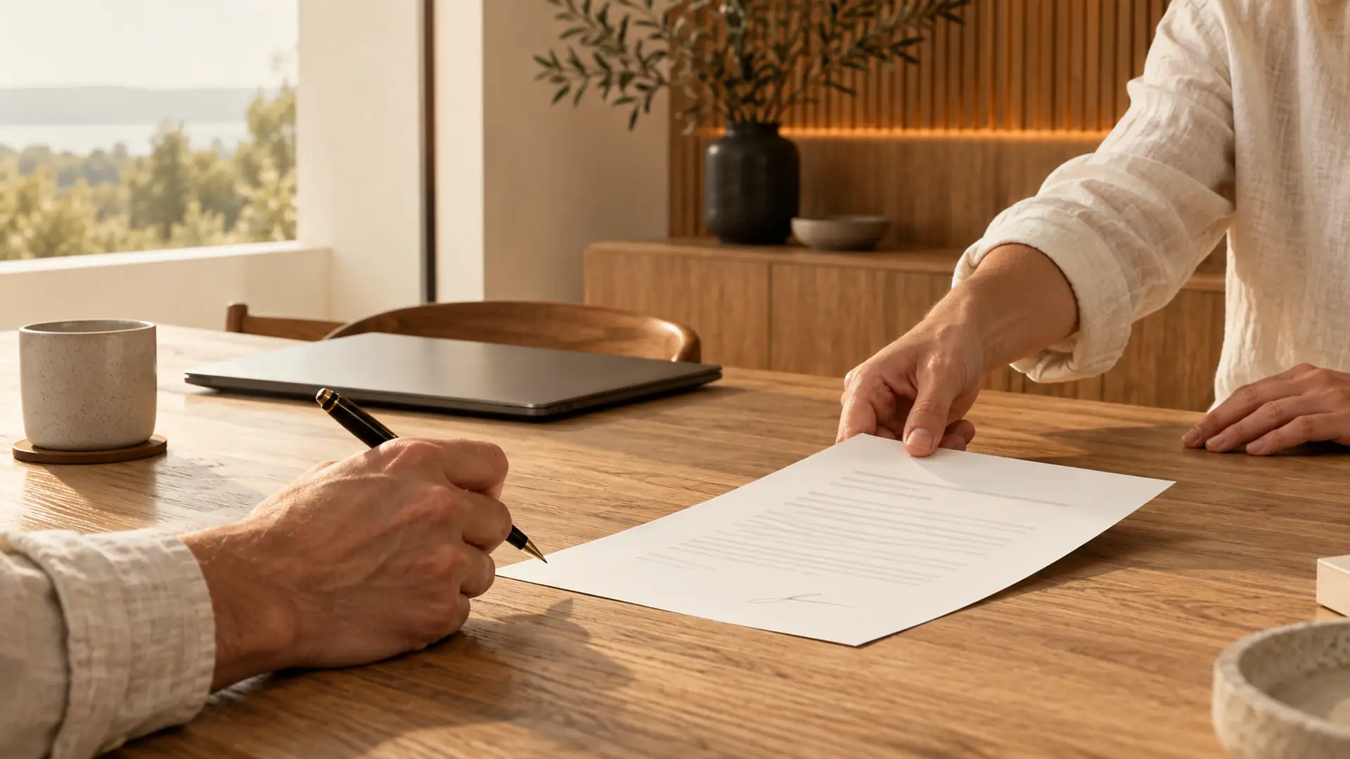 Une main signe un document posé sur une table en chêne pendant qu'une autre le fait glisser vers elle