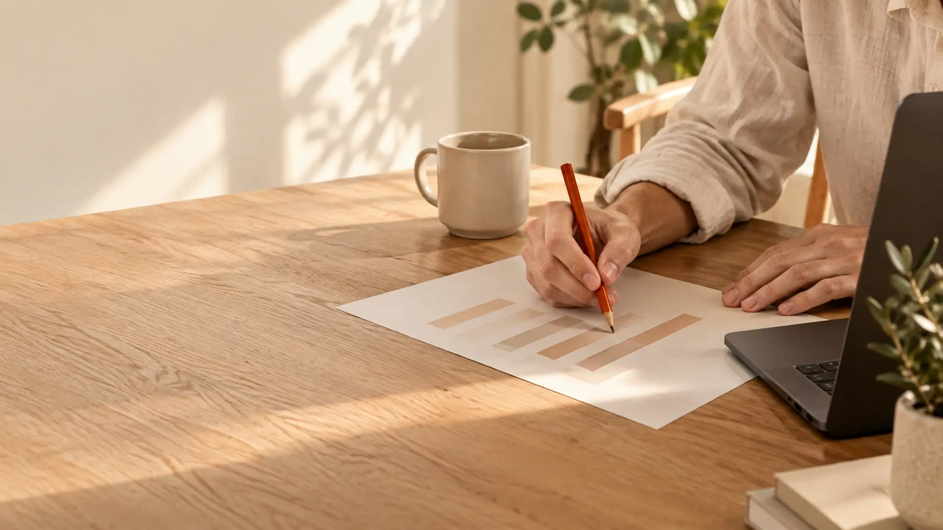Deux mains annotent au crayon orange un graphique imprimé posé sur un bureau en chêne