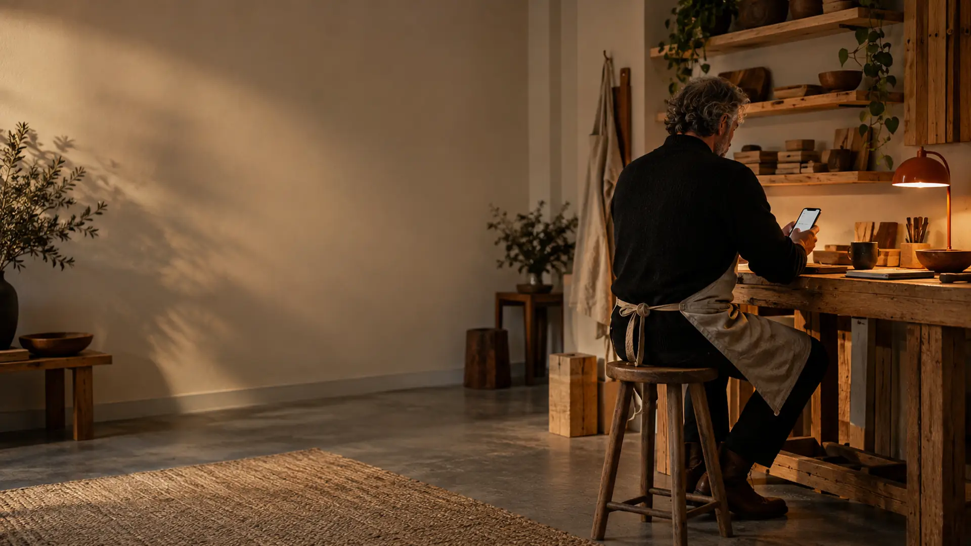 Le soir, dans son atelier, un artisan compare des offres sur son téléphone, assis près de l'établi