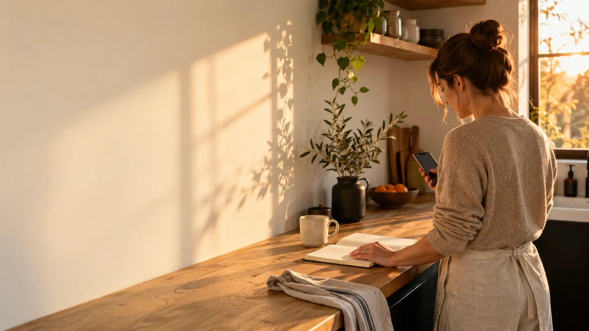 Tôt le matin, une cheffe d'entreprise consulte son téléphone au comptoir de sa cuisine, un carnet de notes ouvert à côté