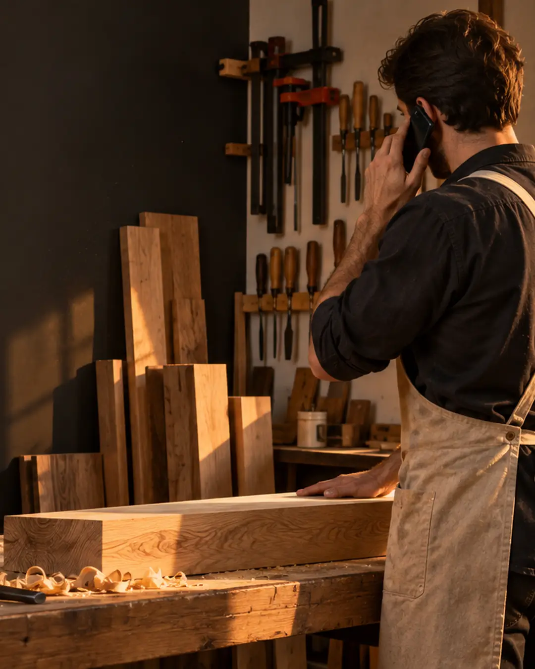Un ébéniste répond à l'appel d'un nouveau client dans son atelier, la main posée sur une planche de chêne