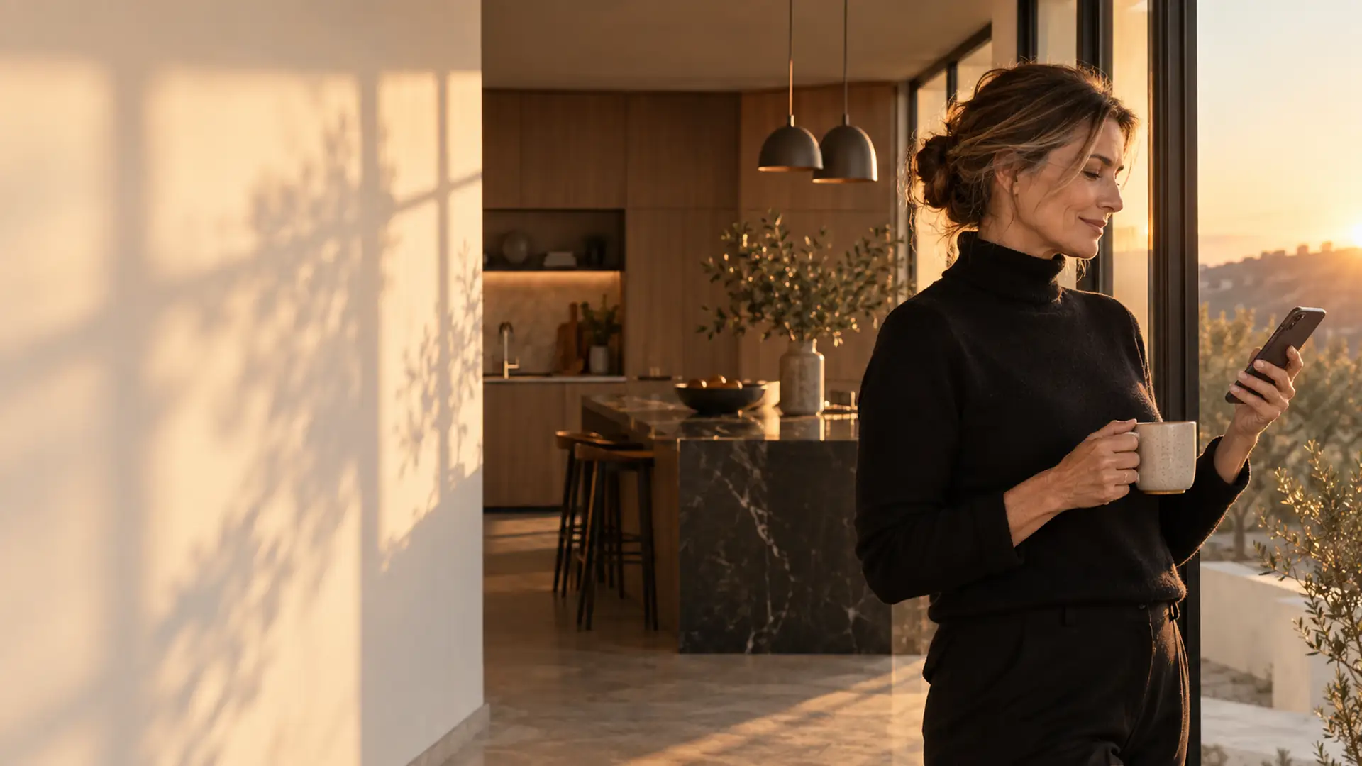 Au lever du jour, une dirigeante lit sur son téléphone d'où viennent les demandes de la semaine, dans son showroom de cuisines