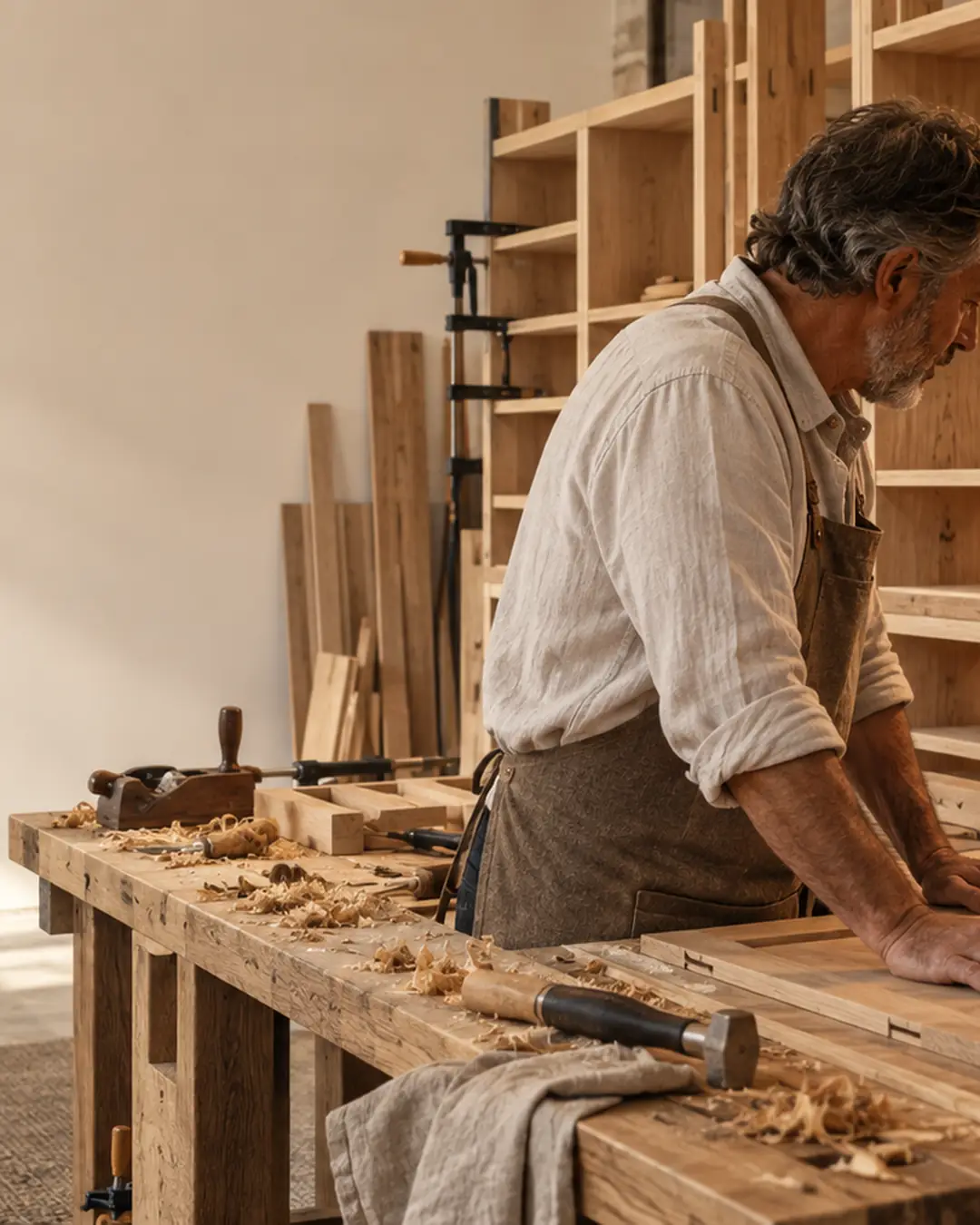 Dans un atelier d'agencement, une webdesigner montre sur tablette la nouvelle page du site à l'artisan