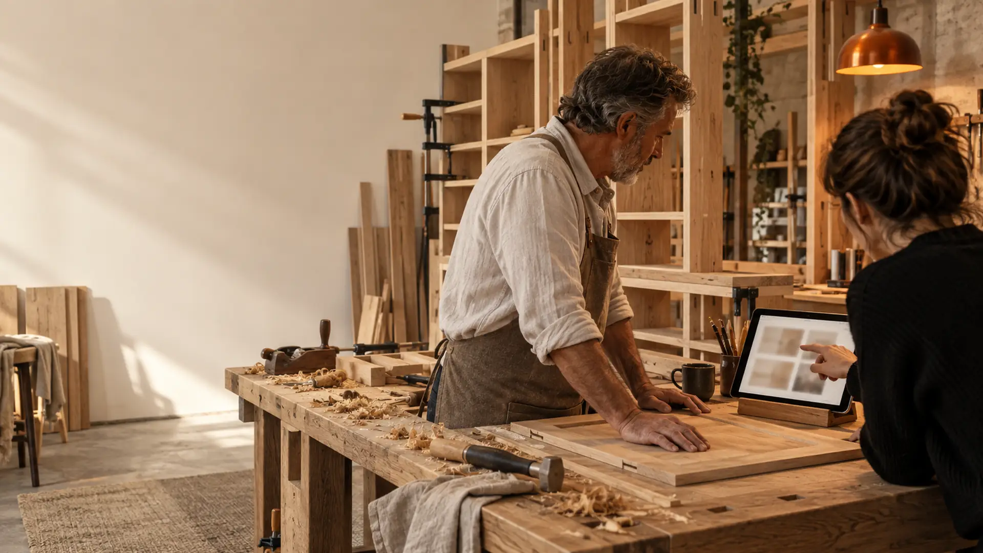 Dans un atelier d'agencement, une webdesigner montre sur tablette la nouvelle page du site à l'artisan