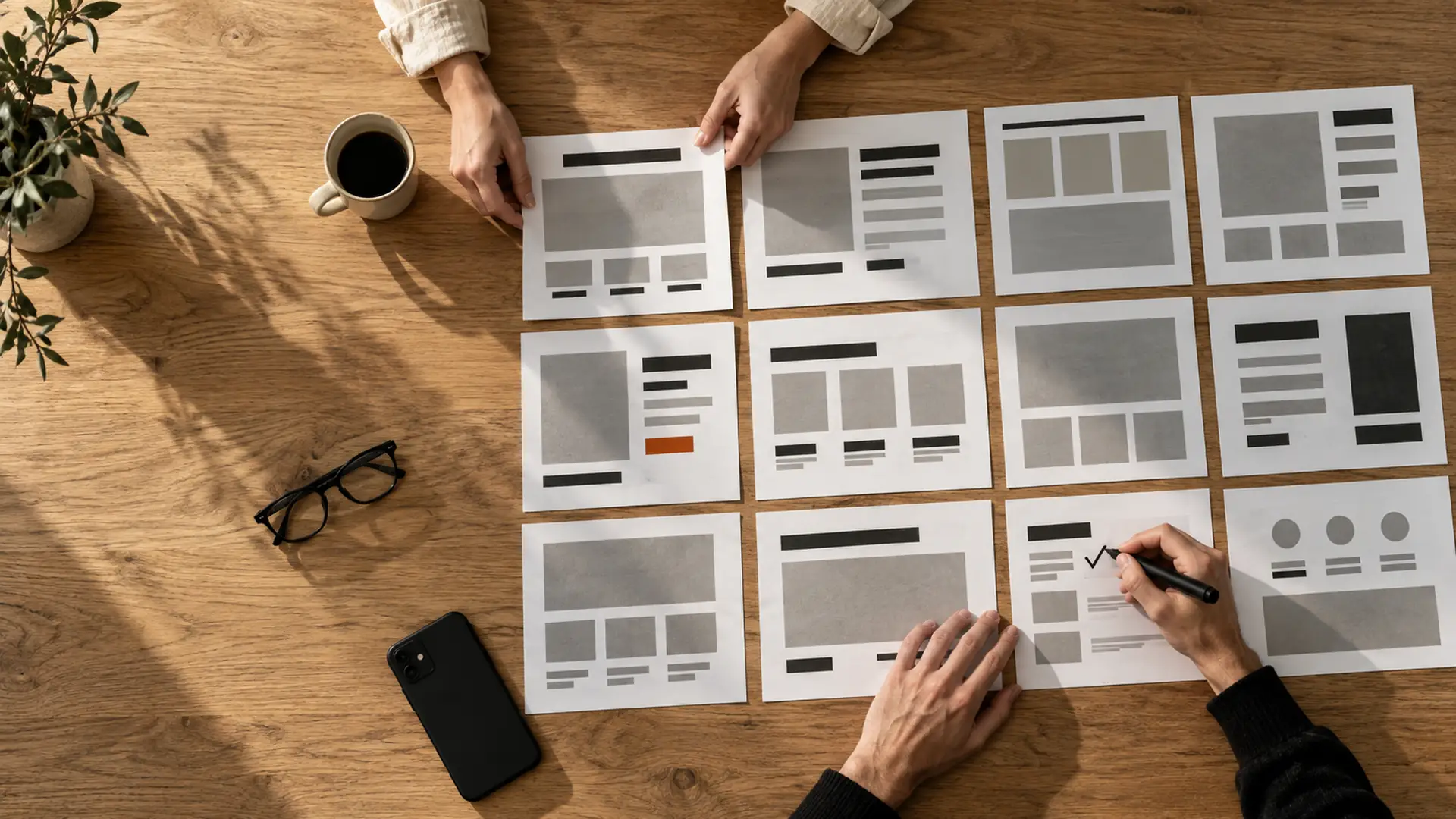 Vue de dessus d'une table couverte de maquettes de pages imprimées, deux mains les annotent au feutre