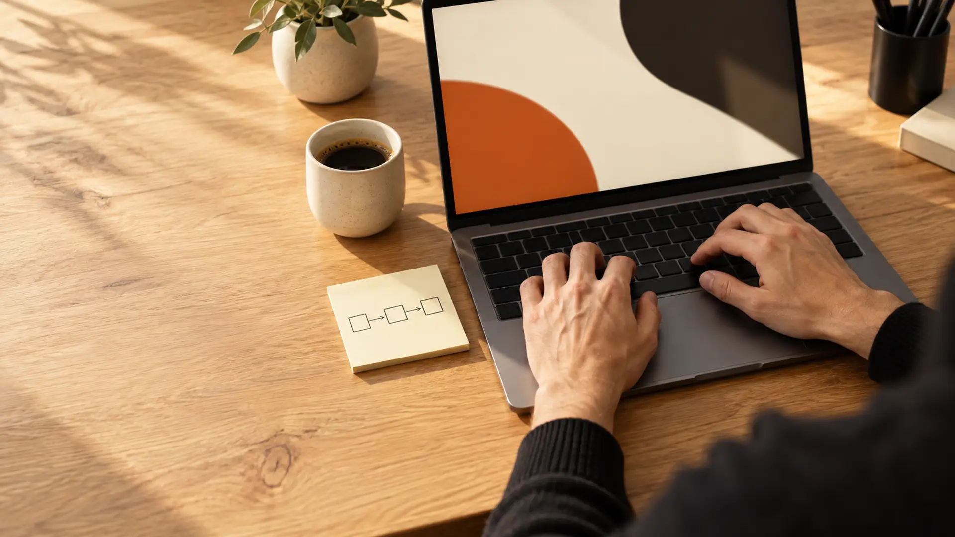 Deux mains tapent sur un clavier d'ordinateur portable, un pense-bête avec un schéma de trois blocs à côté