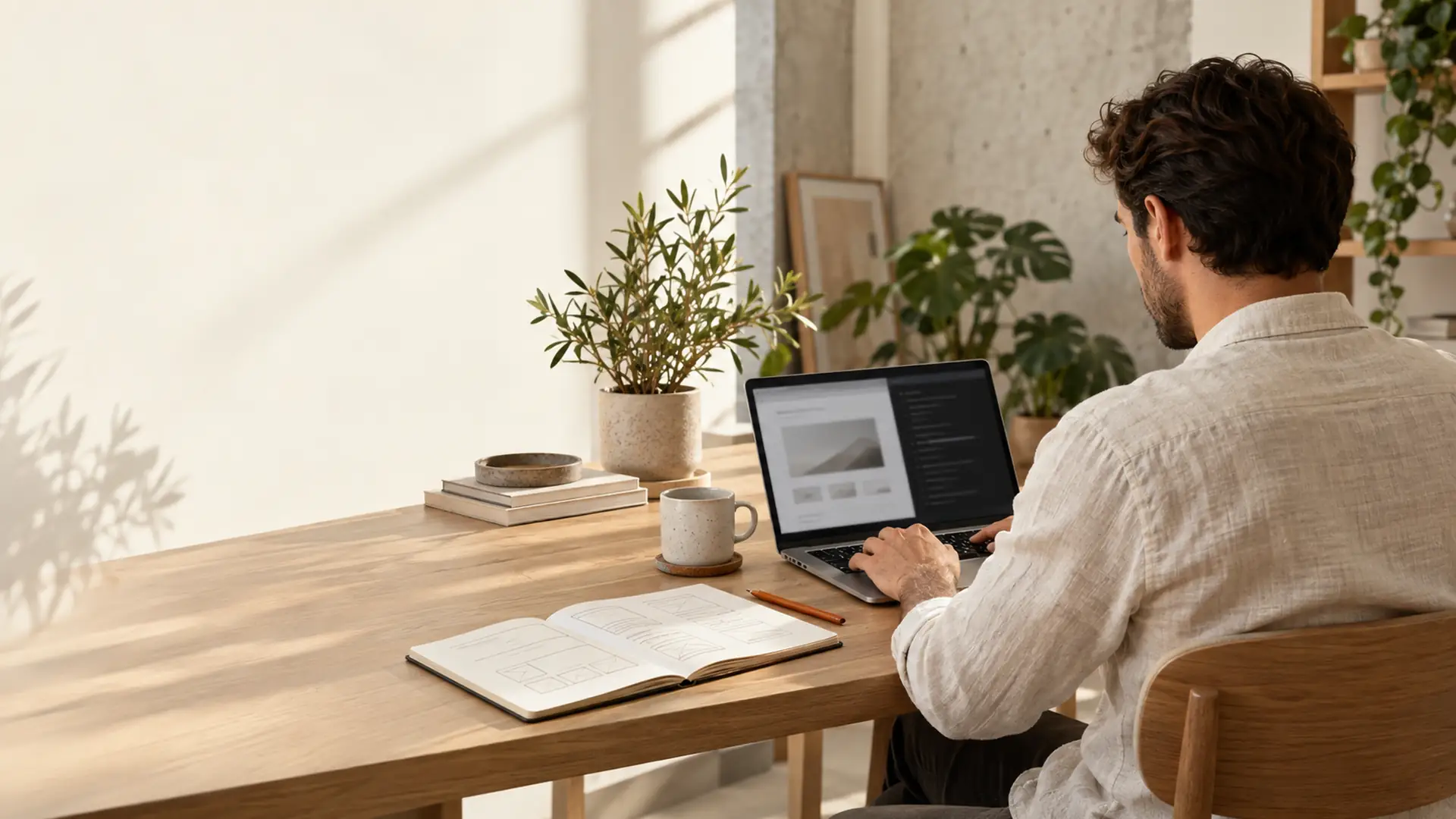 Un webdesigner, vu de dos, connecte un assistant IA à son site Elementor dans un studio lumineux