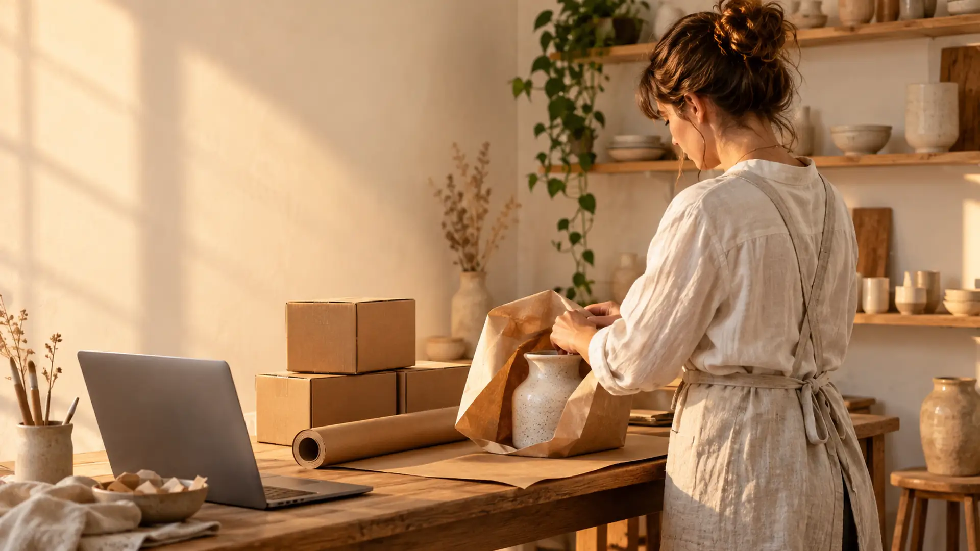Une créatrice emballe une céramique dans du papier kraft pour une commande en ligne, dans son atelier