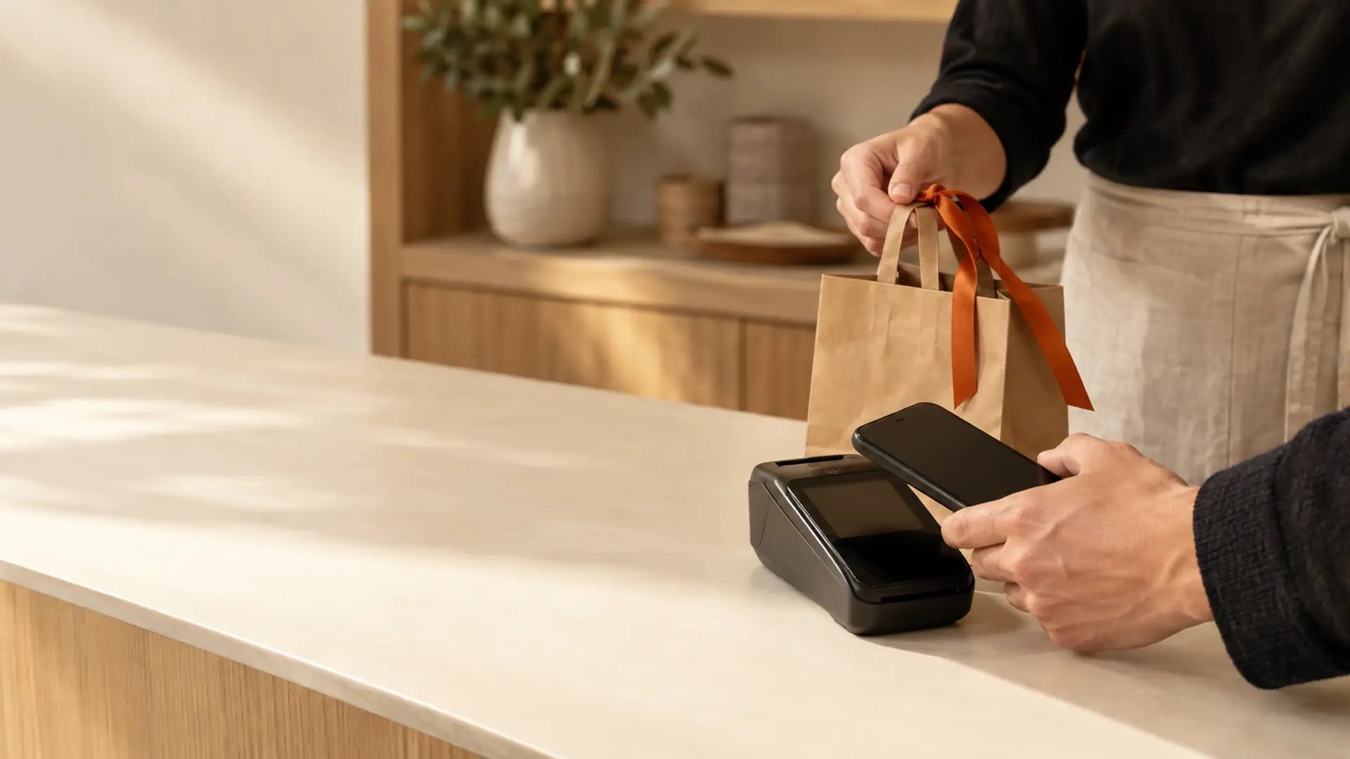 Une cliente règle un achat avec son téléphone sur un terminal de paiement, au comptoir d'une boutique